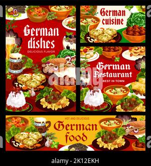 Plats et repas de cuisine allemande, affiches vectorielles et bannières pour le menu du restaurant. Cuisine allemande plats traditionnels pour le déjeuner et le dîner, saucisses de schnitzel et de curry, côtelettes de viande et bière Illustration de Vecteur