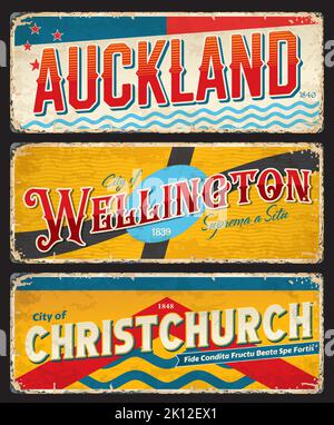 Auckland, Christchurch, Wellington, Nouvelle-Zélande autocollants de voyage, boîtes vectorielles vintage. Nouvelle-Zélande vacances et voyage étiquettes à bagages et panneaux en étain rétro avec les monuments et emblèmes des villes Illustration de Vecteur