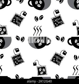 Fond de panier et de tasses à motif vectoriel sans couture. Toile de fond noir blanc avec sachets de lattes fraîchement brassées jetables, americanos. Grunge la main Illustration de Vecteur