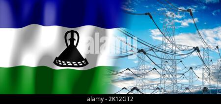 Lesotho - drapeau de pays et pylônes d'électricité - 3D illustration Banque D'Images