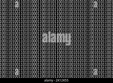 Code informatique ASCII binaire crypté sur fond noir. Ordinateur à code binaire noir et blanc. Banque D'Images