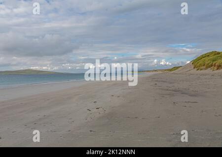 Sable humide, West Beach, Berneray, Uist, North Uist, Hebrides, Hébrides extérieures, Îles de l'Ouest, Écosse, Royaume-Uni, Grande-Bretagne Banque D'Images