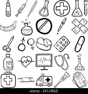 Médicament Doodle Line Art Outline Set à dessin à la main contenant de la médecine, une seringue, un thermomètre, des pilules, un comprimé, capsule, ambulance de civière, masque facial Illustration de Vecteur