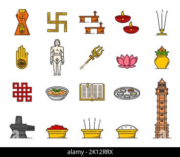 Jainisme la religion les icônes de Jain Dharma les symboles religieux indiens. Vector Jain Prateek Chihna avec ahimsa linéaire couleur et swastika, lampe diya, pot de kalash et lotus, lingam, livre d'agama, crevettes, paduka Illustration de Vecteur