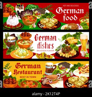 Cuisine allemande et repas de restaurant, déjeuner vectoriel et banderoles pour le dîner. Cuisine allemande schnitzel et curry wurst saucisses, côtelettes de viande et boulettes de viande avec soupe de chou-fleur, crêpes et bière Illustration de Vecteur