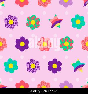 Motif floral frais et groovy sans couture Y2K style. Arrière-plan tendance, affiche, autocollants. Illustration vectorielle. Illustration de Vecteur