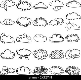 Ensemble de contours d'art à lignes de Doodle dessinées à la main contenant des nuages, des nuages, du brouillard, de la brume, des souffles, smog, fumée, vapeur, vapeur, voile, billow, bosseless, film, foggi Illustration de Vecteur
