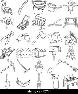 Ensemble de contour d'art de jardin à lignes de Doodle dessinées à la main contenant de la clôture, un pot à plantes, un axe, des gants de jardinage, un râteau, Cisailles à haies, fourche de jardinage, tuyau d'arrosage Illustration de Vecteur