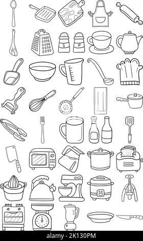 Cuisine ensemble de lignes d'art Doodle dessinées à la main contenant grille-pain, bouilloire, batteur sur pied, cuiseur à riz, cuisinière à gaz et four, mixeur, four à micro-ondes Illustration de Vecteur