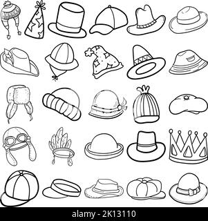 Chapeaux ensemble de dessin à la main Doodle Line Art Outline contenant chapeau, chapeau, Fedora, Trilby, chapeau Panama, Bowler, Snapback, chapeau de père, Newsboy, casquette plate, Bonnet Illustration de Vecteur