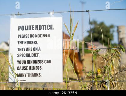 Panneau de signalisation poli, ne pas nourrir les chevaux placés sur une clôture en fil de fer à l'extérieur d'une zone de paddock où vous pouvez voir un cheval. Banque D'Images