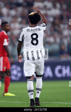 Turin, Italie. 14th septembre 2022. Weston Mckennie de Juventus FC gestes pendant le match H de l'UEFA Champions League entre Juventus FC et SL Benfica au stade Allianz sur 14 septembre 2022 à Turin, Italie . Credit: Marco Canoniero / Alamy Live News Banque D'Images