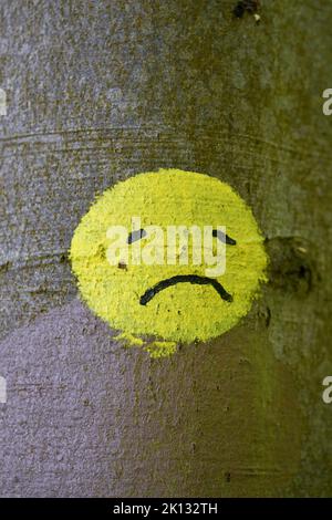 Un triste visage jaune smiley peint sur un arbre dans la nature Banque D'Images