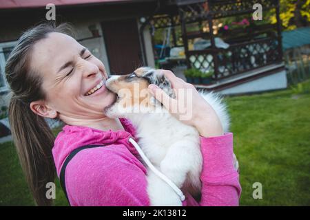 Chiot Berger australien fou jouant avec son beau propriétaire. Le chien féminin mord le visage de la femme et joue. Elle tient son chiot dans les bras. Relatio Banque D'Images