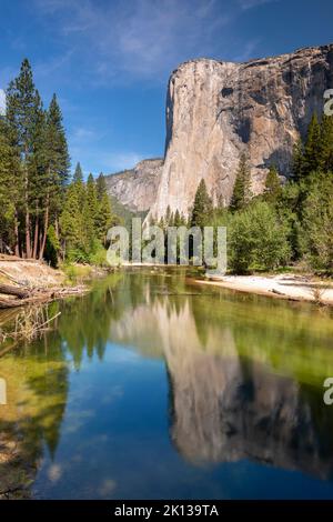 El Capitan se reflète dans la rivière Merced, parc national de Yosemite, site classé au patrimoine mondial de l'UNESCO, Californie, États-Unis d'Amérique, Amérique du Nord