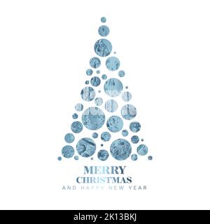 Carte de noël moderne à la mode, simple et vectorielle, avec sapin de noël abstrait en argent, cercles métalliques bleus et inscriptions minimalistes simples Illustration de Vecteur