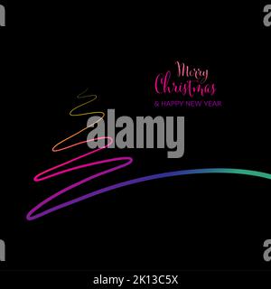 Carte de noël moderne et simple à motif vectoriel sombre avec arbre de noël abstrait minimaliste à une ligne, en dégradé de couleurs et simple Illustration de Vecteur