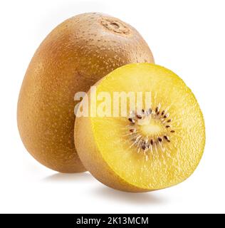 Kiwi doré et coupe croisée de kiwi isolée sur fond blanc. Banque D'Images