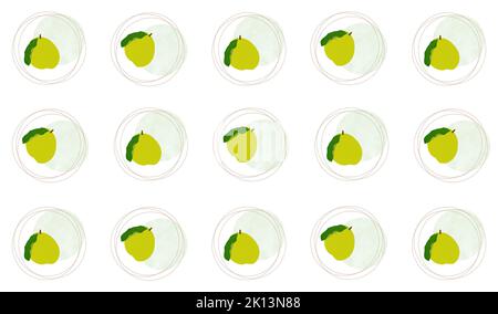 Motif fruit dans des couleurs vertes sur fond blanc. La main de coing vert clair dessine un motif sans couture sur un arrière-plan blanc isolé. Banque D'Images