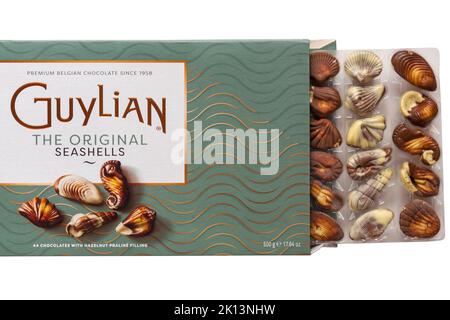 Grande boîte de Guylian les coquillages de chocolats belges Seashells d'origine sur blanc - les meilleurs chocolats belges avec garniture de praline noisette Banque D'Images