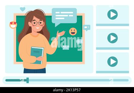 Séminaire en ligne sur l'éducation. Une enseignante expliquant, vidéo à l'écran. École et concept d'apprentissage en ligne, illustration de vecteur mignon en dessin animé plat Illustration de Vecteur