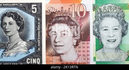 La reine Elizabeth II sur les billets de différents pays, le Canada, l'Angleterre et Gibraltar Banque D'Images