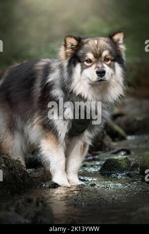 Portrait d'un jeune chien finlandais de Lapphund debout dans une rivière qui rafraîchit ses pattes Banque D'Images