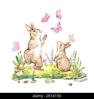 Aquarelle de deux lapins jouant et attrapant des papillons roses. Les lapins jouent dans un pré fleuri. Banque D'Images