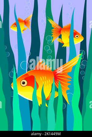 Illustration de trois poissons rouges nageant parmi les plantes Banque D'Images