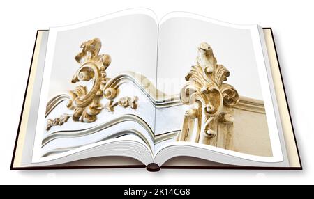 Détail d'un mobilier italien ancien récemment restauré sur un livre photo ouvert - je suis le propriétaire du copyright des images utilisées dans ce rendu de 3D. Banque D'Images