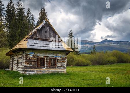 La Barn de Chamkova, maison en bois sur la prairie au-dessous de la colline de Kralova Hola, centre de la Slovaquie, Europe. Banque D'Images