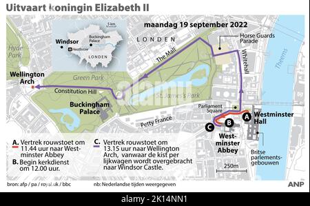 2022-09-15 18:05:05 funérailles de la reine Elizabeth II Carte du centre de Londres avec lieux de Westminster Hall, de l'abbaye de Westminster, du palais de Buckingham et de l'arche de Wellington + itinéraire de procession funéraire + horaire. ANP INFOGRAPHICS netherlands Out - belgium Out Banque D'Images