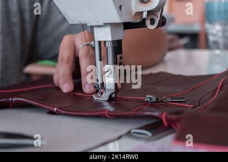 Les coutures de couturière à la machine à coudre filent le tissu. Mains des femmes Banque D'Images