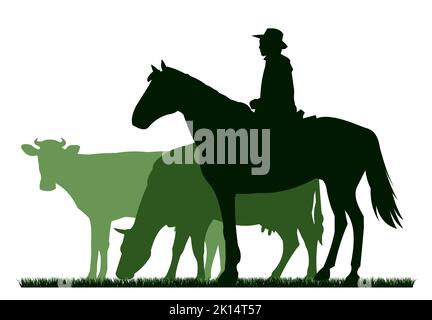 Shepherd saisit les vaches dans les pâturages. Silhouette de l'image. Animaux de la ferme. Animaux pour le lait et les produits laitiers. Isolé sur fond blanc. Vecteur Illustration de Vecteur