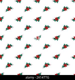 Motif de Noël sans couture avec branches et fleur de poinsettia rouge avec feuilles de houx et baies pour cartes postales et motifs. Imprimé décoratif festif pour le nouvel an et les vacances d'hiver. Illustration vectorielle Illustration de Vecteur