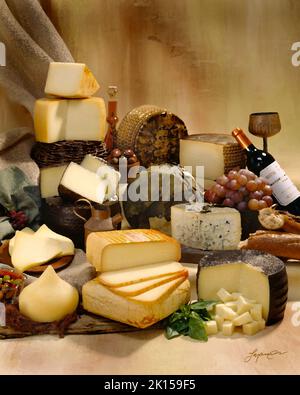 Image de fromages espagnols dans une photographie de groupe en couleur sur fond marbré dans des tons ocre. Bureau de studio. Image classique. Banque D'Images