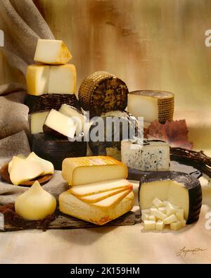 Image de fromages espagnols dans une photographie de groupe en couleur sur fond marbré dans des tons ocre. Bureau de studio. Image classique. Banque D'Images