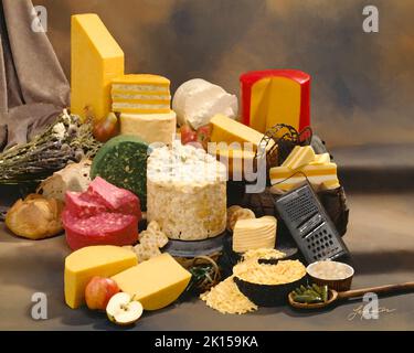 Fromages anglais en photo de groupe sur fond marbré aux tons chauds. Plan d'examen studio avec filtre à peinture. Image classique. Banque D'Images