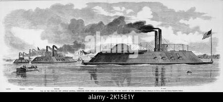 La guerre dans l'Ouest - la nouvelle flottille de canonnière, le Commodore Andrew Hull Foote, construit à Carondelet, Missouri, pour la descente du fleuve Mississippi - Louisville, Carondelet, Pittsburgh, St. Louis. Décembre 1861. Illustration de la guerre de Sécession américaine du 19th siècle tirée du journal illustré de Frank Leslie Banque D'Images