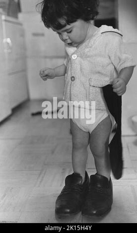 Un garçon de 18 mois est photographié dans les chaussures de son père; vers 1976. Banque D'Images