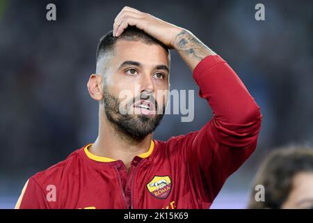 Leonardo Spinazzola de AS Roma gestes pendant la série Un match entre Empoli et Roma au Stadio Carlo Castellani, Empoli, Italie, le 12 septembre 202 Banque D'Images