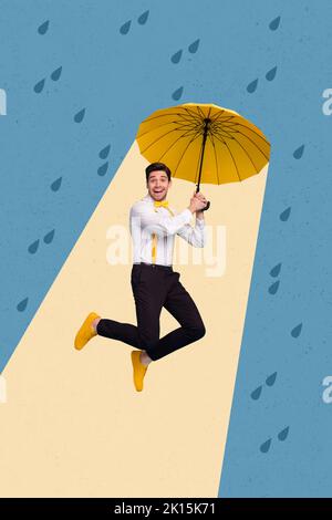Image de collage créative verticale de drôle excitée gentilhomme positif accrocher parasol protège le vent pluie temps gouttes d'eau Banque D'Images