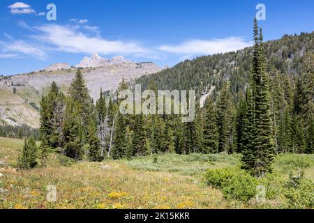 Le Grand Teton s'élève au-dessus du canyon de la mort et des montagnes de Teton. Parc national de Grand Teton, Wyoming Banque D'Images