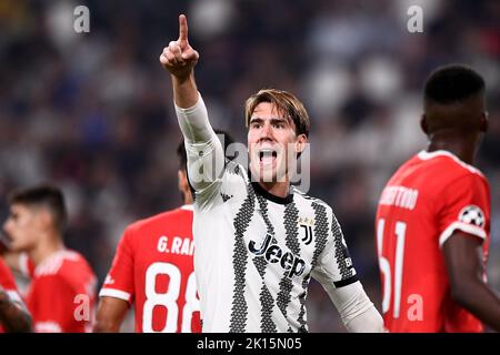 Turin, Italie. 14 septembre 2022. Dusan Vlahovic du FC Juventus réagit lors du match de football de la Ligue des champions de l'UEFA entre le FC Juventus et le SL Benfica. Credit: Nicolò Campo/Alay Live News Banque D'Images