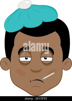 Illustration vectorielle du visage d'un homme de dessin animé malade, avec un thermomètre dans sa bouche, pâle et un sac d'eau sur sa tête Illustration de Vecteur