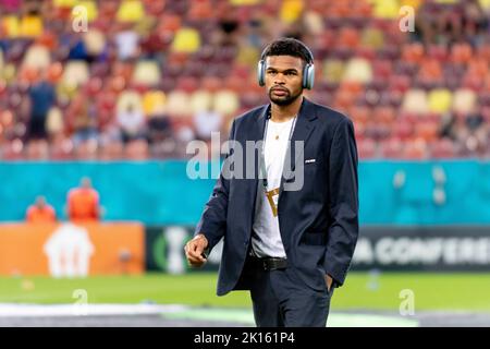 Bucarest, Roumanie. 16th septembre 2022. 16 septembre 2022: Malcolm Edjouma #18 de la FCSB avant le match de l'UEFA Europa Conference League groupe B entre la FCSB Bucarest et la RSC Anderlecht au stade national Arena de Bucarest, Roumanie ROU. Catalin Soare/Cronos crédit: Cronos/Alamy Live News Banque D'Images