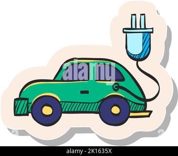 Icône de voiture électrique dessinée à la main dans l'illustration vectorielle de style autocollant Illustration de Vecteur