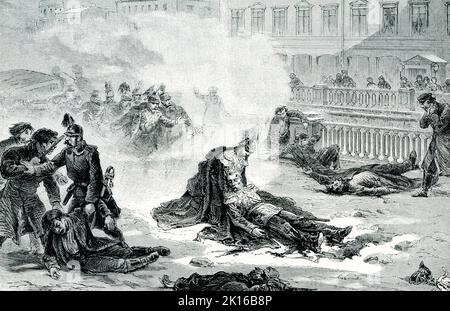 La légende de 1906 se lit comme suit : MORT D'ALEXANDRE II—malgré toutes les précautions de ses ministres, Alexandre a été tué par les nihilistes. Il avait conclu qu'il exhilait inutilement ses gardes à mort, car une bombe pouvait lui atteindre aussi bien parmi eux que seuls. Il a donc abandonné toutes les précautions et conduit sur non protégé. En mars 1881, une bombe a été lancée sur sa voiture. Deux spectateurs ont été blessés et le tsar s'est empressé de leur venir en aide lorsqu'une deuxième bombe a été directement précipitée à ses pieds. Lui et l'homme qui l'a jeté sont tombés en train de mourir, presque déchirés en morceaux. Un autre lanceur de bombes est arrivé en se précipitant : b Banque D'Images