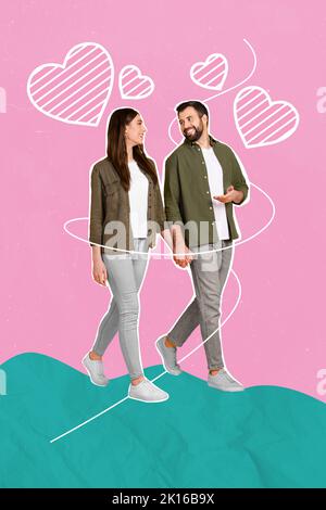 Image de collage créatif vertical des adultes datant parc de marche discuter communiquer mains d'attente se sentent heureux sourire couple amour Banque D'Images