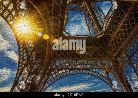 Vue de dessous de la Tour Eiffel en fer, avec passage de la lumière du soleil, à Paris. La charmante capitale de la France. Filtre à peinture à l'huile. Banque D'Images